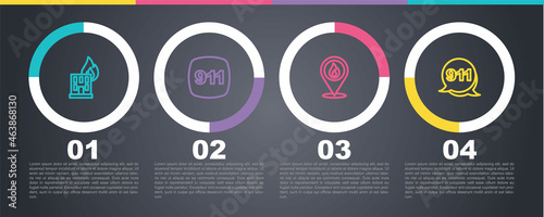 Set line Fire in burning building, Emergency call 911, Location with fire flame and . Business infographic template. Vector