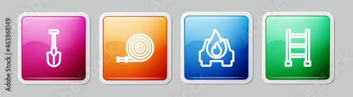 Set line Fire shovel, hose reel, Burning car and escape. Colorful square button. Vector