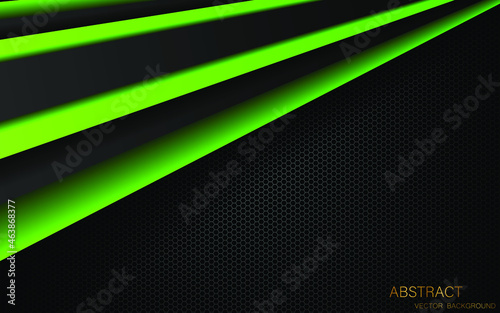Abstract multi layer overlapping black and green lines on dark steel mesh background with space for design. modern technology innovation concept background
