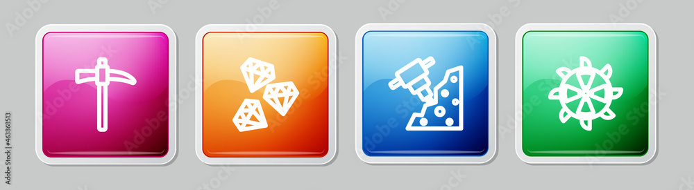 Obraz premium Set line Pickaxe, Gem stone, Construction jackhammer and Bucket wheel excavator. Colorful square button. Vector
