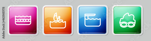 Set line Swimming pool, Windsurfing, Diving board or springboard and Glasses for swimming. Colorful square button. Vector