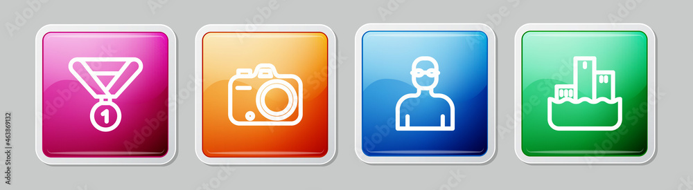 Set line Medal, Photo camera, Swimmer and Winner podium. Colorful square button. Vector Set line Medal, Photo camera, Swimmer and Winner podium. Colorful square button. Vector
