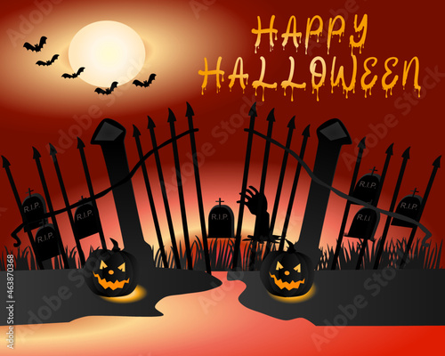 Halloween background with pumpkins, Graves, full moon, and bats stock illustration