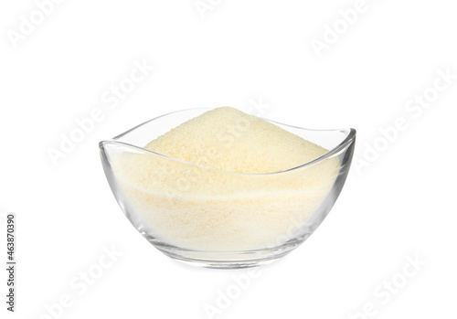 Gelatin powder in glass bowl isolated on white photo