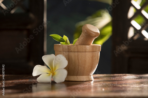 close up view of mortar and flower on green tropic back