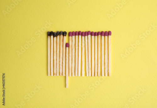 Flat lay composition with burnt and whole matches on yellow background