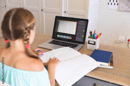 Caucasian girl using laptop for video call, with class on screen