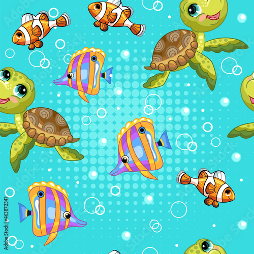 Seamless vector pattern with turtle and tropical fishes