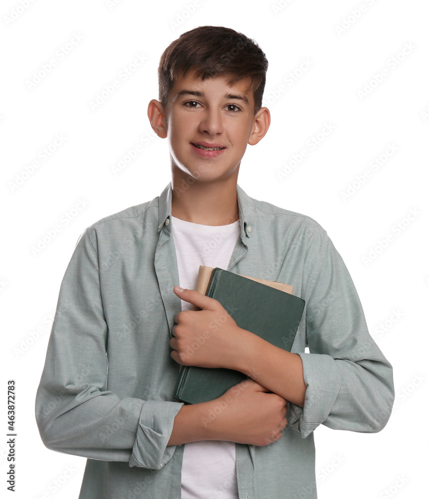 Teenage student holding books on white background Teenage student holding books on white background
