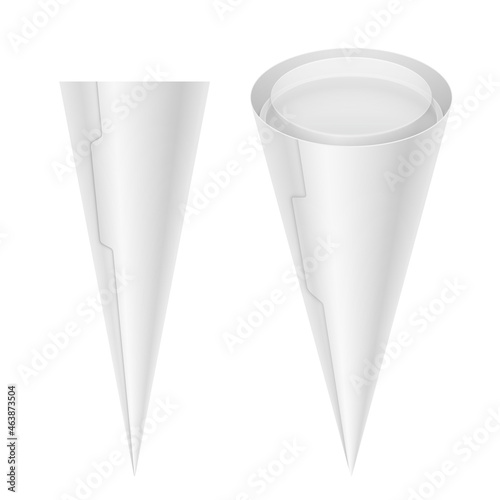 Ice cream cone with flat transparent lid and eyelet. Blank vector isolated realistic packaging mockup illustration.