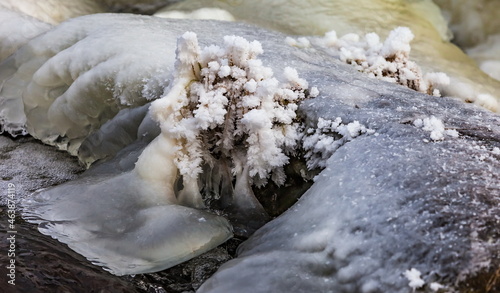 Fast river with ice and snow in late autumn