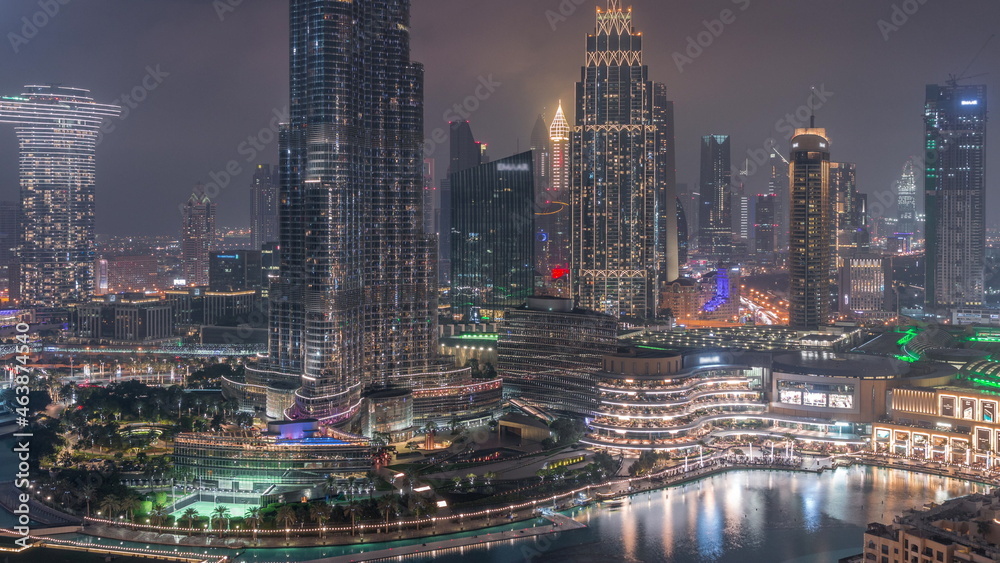 Aerial view of Dubai city night timelapse in downtown.