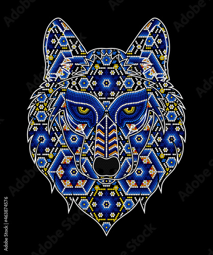 vector illustration of colorful beaded wolf head inspired in mexican huichol art. Isolated on black background.