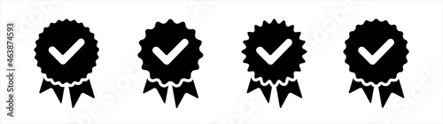 Approval check symbol, Approved or certified medal icon, Certified badge, Guarantee symbol.