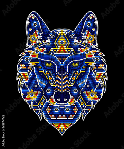 vector illustration of colorful beaded wolf head inspired in mexican huichol art. Isolated on black background.