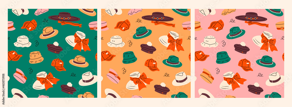 Various Hats for different seasons. Different colors and styles. Fashion headwear concept. Hand drawn trendy Vector illustration. Set of three square seamless Patterns. Background, wallpaper templates