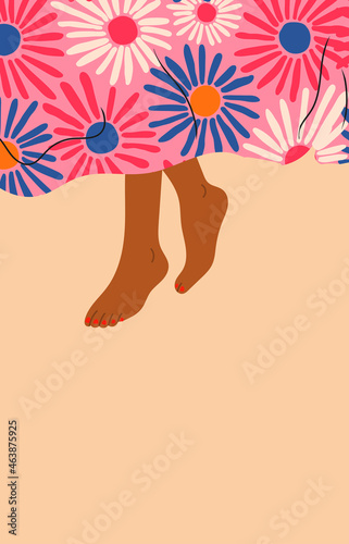 Female Legs sticking out from under the blanket. Person sleeping under soft cozy blanket. Top view. Morning in bed, coziness, relaxation concept. Hand drawn trendy Vector illustration