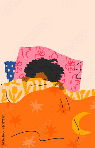 Curly girl hiding her face, lying on soft pillows in bed under the blanket. Top view. Beautiful young woman covering her face with duvet. Hand drawn modern Vector illustration. Relax, coziness concept