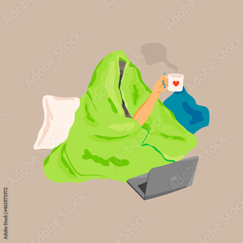 Young woman with laptop, cup of coffee or tea sitting under cozy puffy blanket with pillows at home. Relaxation, self isolation, coziness concept. Hand drawn colored trendy Vector illustration