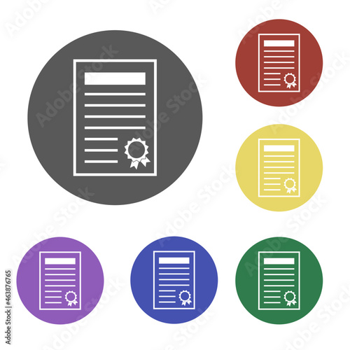 set of six isolated document icons on a multicolored background, white outline, vector illustration