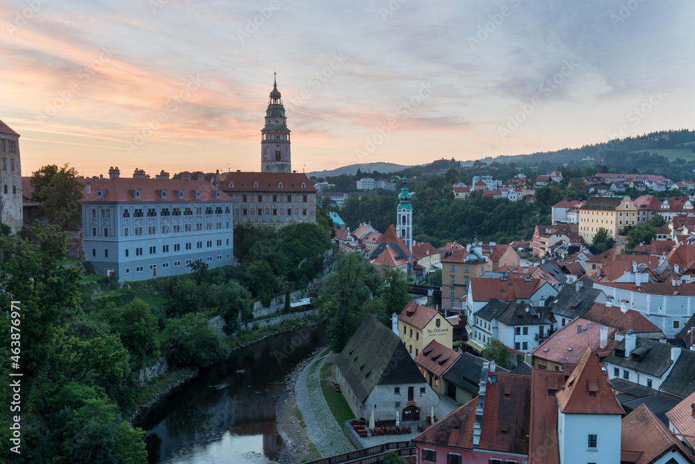 Panoramic view of the historic city of Cesky Krumlov with famous Cesky Krumlov Castle, a UNESCO World Heritage Site since 1992, in beautiful golden morning light at sunrise in fall, Czech Republic