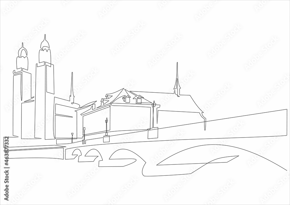 Fototapeta premium Beautiful view of the historic center of Zurich with the famous church.Switzerland.Continuous line drawing.