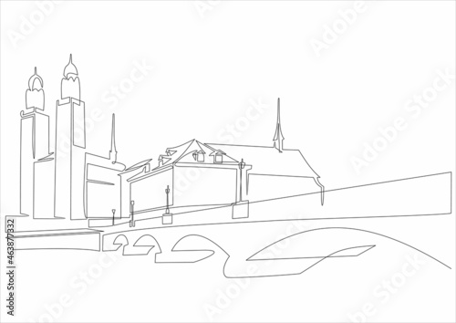 Beautiful view of the historic center of Zurich with the famous church.Switzerland.Continuous line drawing.