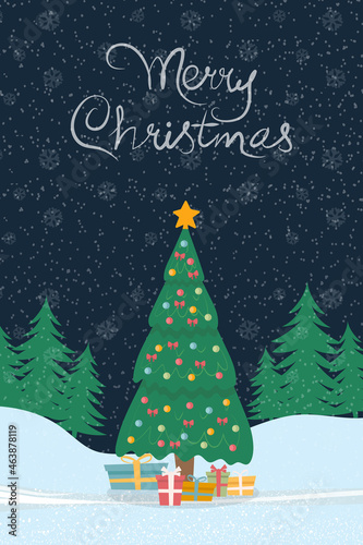 Greeting card with a Christmas tree and gift boxes. With the inscription Merry Christmas.