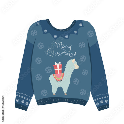 Christmas sweater with a cute llama and the inscription Merry Christmas