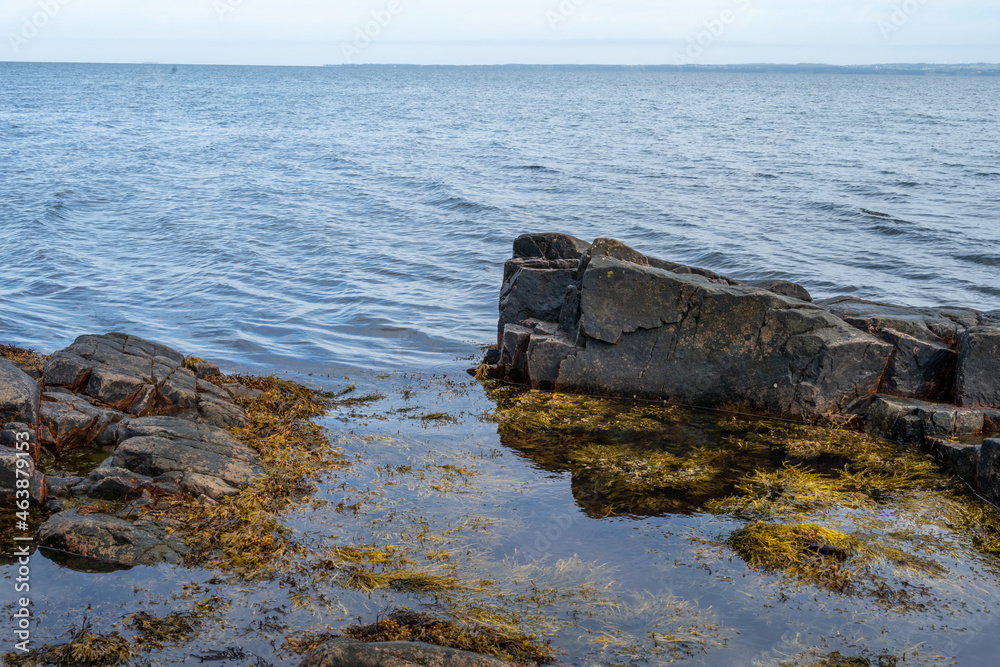 A rocky shoreline with blue water and a blu sky in the background. Picture from Skalderviken, southern Sweden A rocky shoreline with blue water and a blu sky in the background. Picture from Skalderviken, southern Sweden