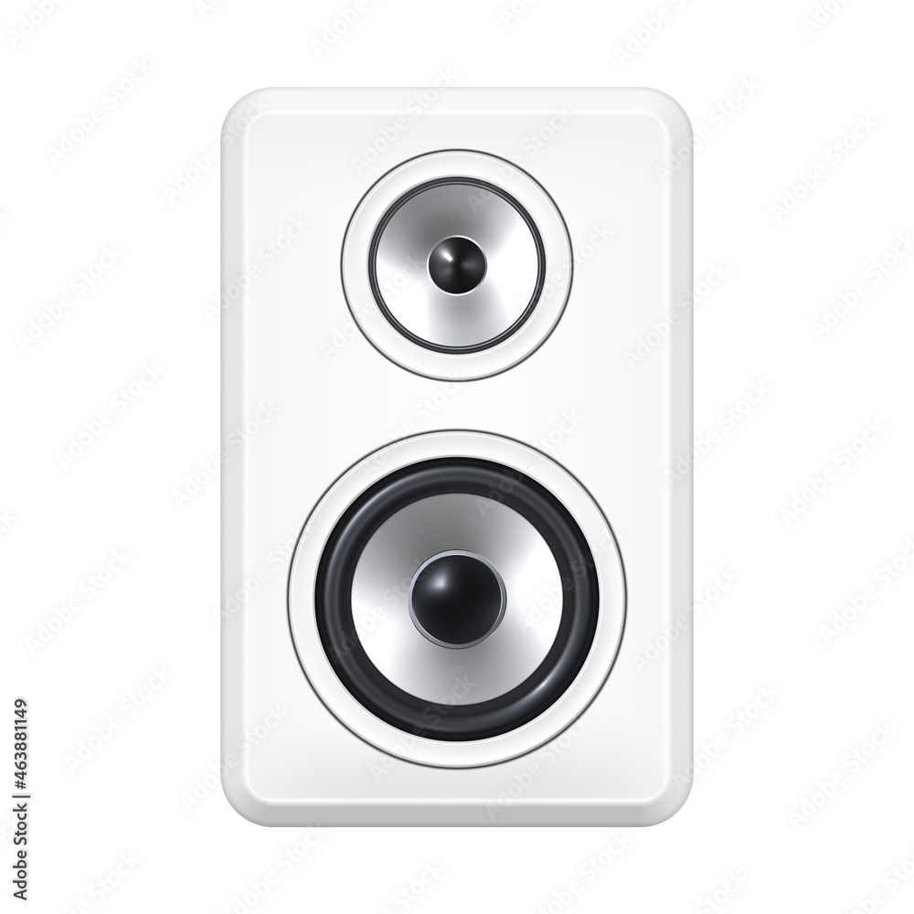 White music column on white background. Bass speaker and tweeter. Vector illustration.