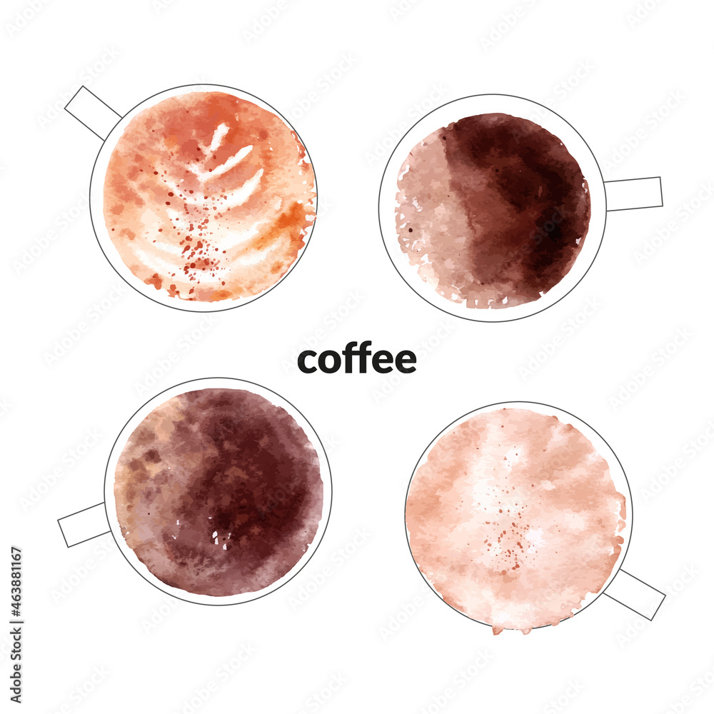 Set of watercolor coffee cups, top view, cappuccino, latte, espresso, mocha Set of watercolor coffee cups, top view, cappuccino, latte, espresso, mocha