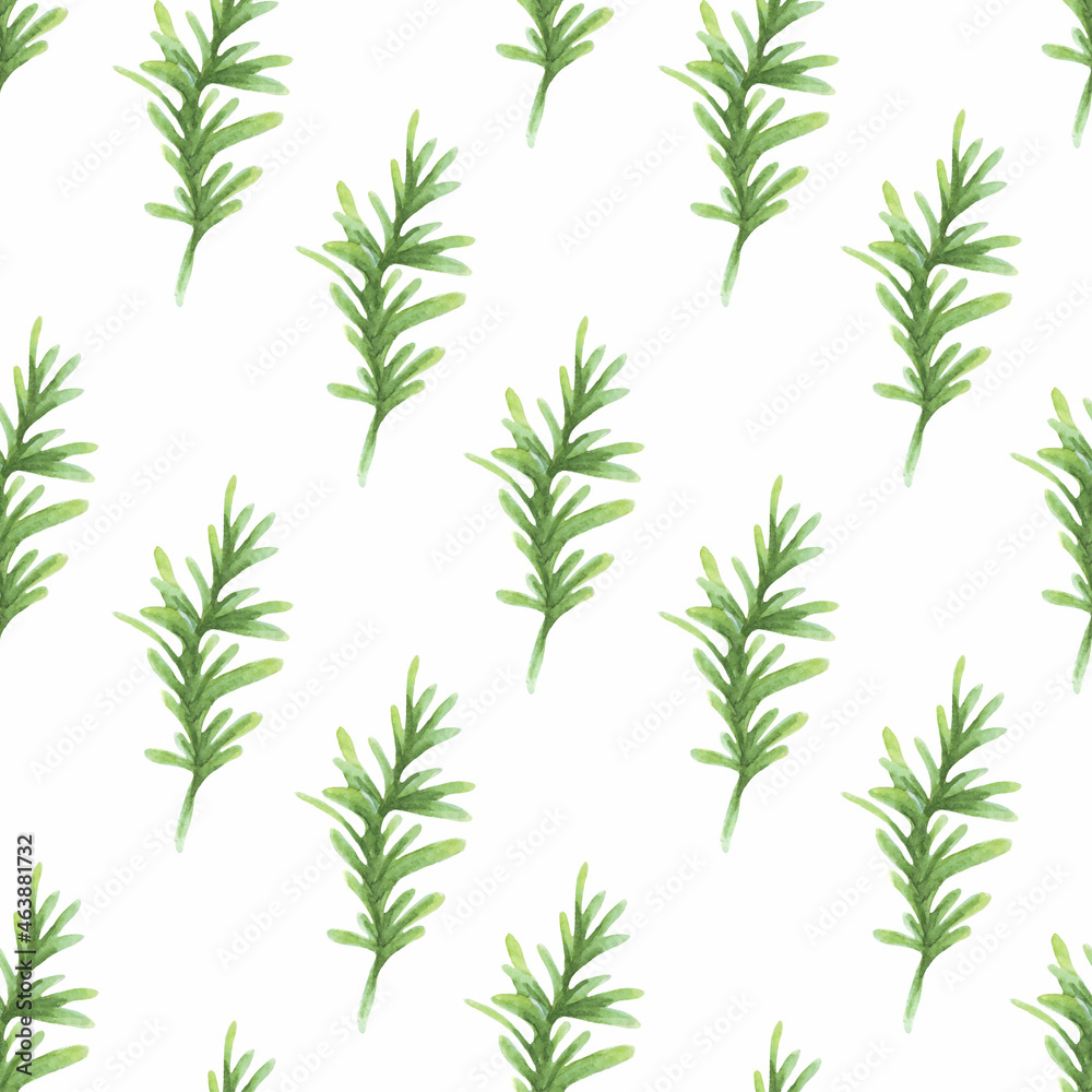 Watercolor pattern with green coniferous branches on a white background. Vector seamless pattern.