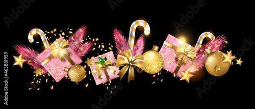 Christmas holiday winter background, vector winter x-mas greeting border, golden confetti, stars. Decoration noel banner, pink gift box, ribbon bow, candy cane, pine branch. Christmas presents border