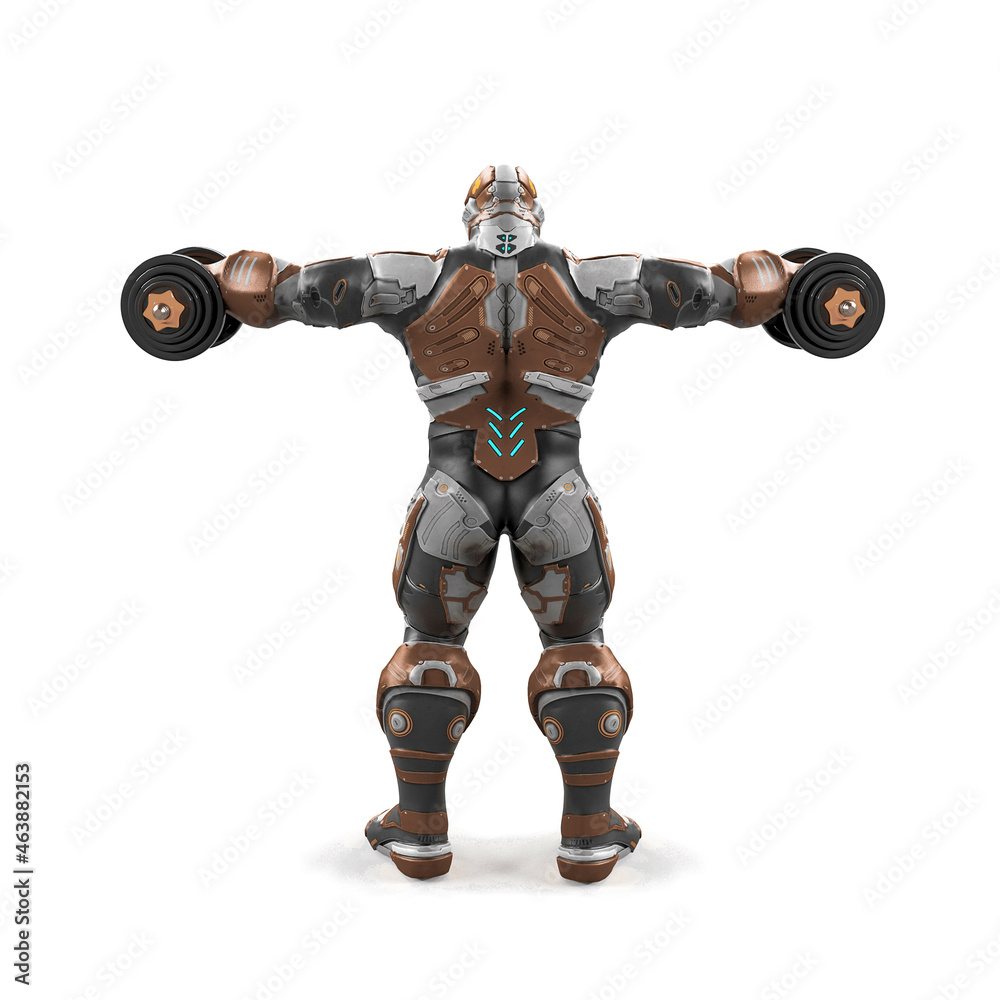 future soldier is doing some workout with arms wide open on white background rear view future soldier is doing some workout with arms wide open on white background rear view