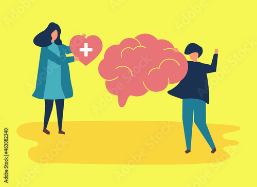 Vector illustration of a couple giving love and health support with the concept of health, mentality, brain nerves. Posters, advertisements, campaigns about love, care, and health in yellow minimalist