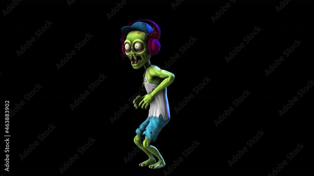 Seamless animation of a raver zombie house dancing isolated with alpha channel. Funny cartoon character for Halloween background.