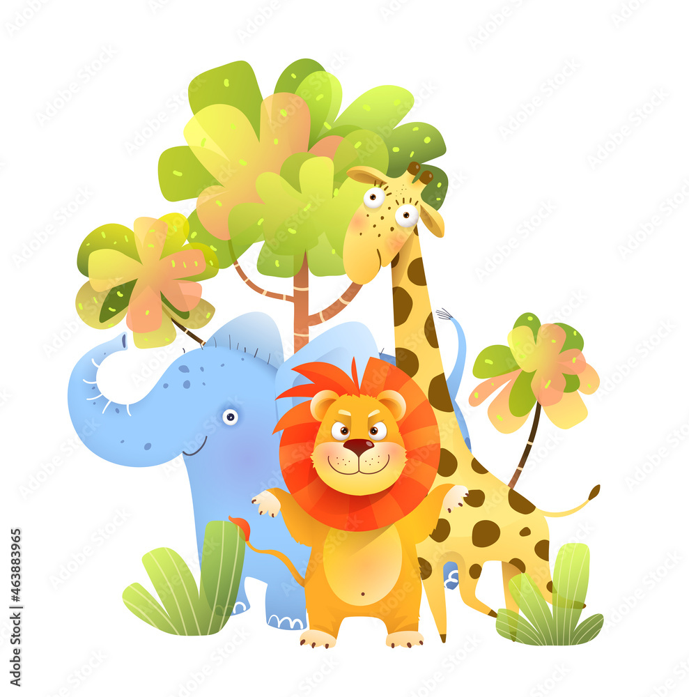 Animals safari amusing illustration for children. Kids characters cartoon  in Africa, lion elephant and giraffe funny zoo. Vector illustration in  watercolor style. Stock Vector | Adobe Stock