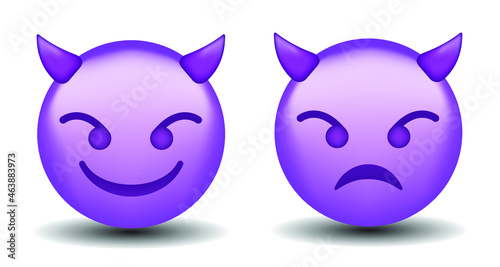 Emoji set. High quality emoticon smiling with horns, devil emoji isolated on white background. Purple face devil emoji. 3d illustration. 