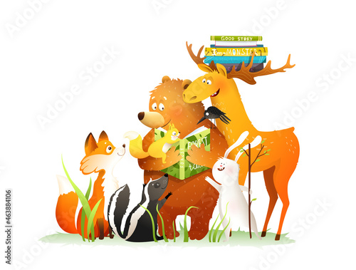 Bear reading a book story or fairy tale to forest animals as deer rabbit fox  baby squirrel and skunk. Vector fantasy illustration for children in watercolor style.