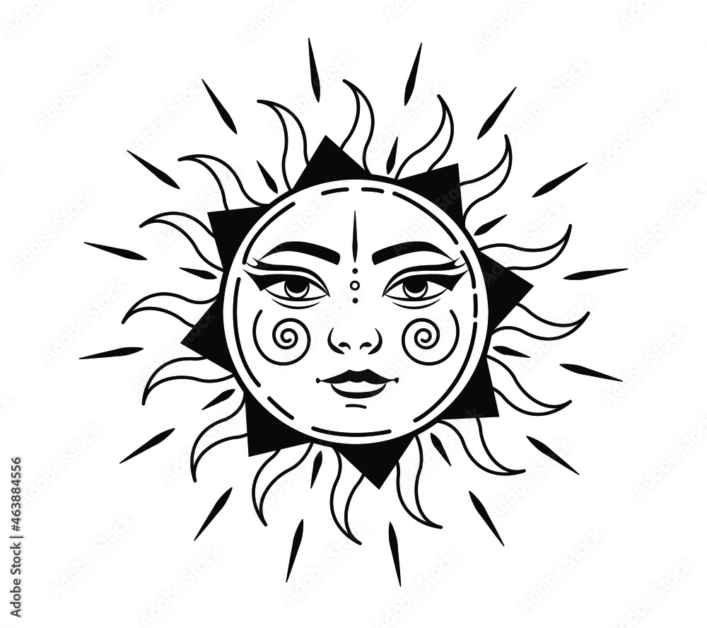 Boho sun. Solar sign. Alchemy and astrology symbol. Monochrome celestial print. Vector illustration. Boho sun. Solar sign. Alchemy and astrology symbol. Monochrome celestial print. Vector illustration.