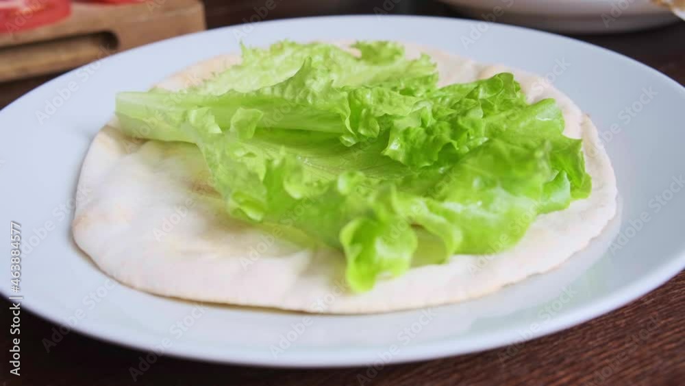 Hands cooking chicken gyros with vegetables and tzatziki sauce. Greek food concept. Hands cooking chicken gyros with vegetables and tzatziki sauce. Greek food concept.