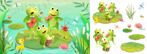 Frogs band playing musical instruments on the lake, animal concert. Frogs concert on swamp background, funny animals cartoon for kids. Vector illustration in watercolor style.