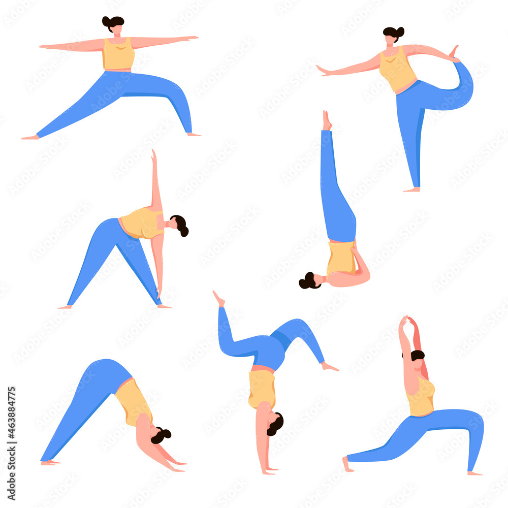 Woman doing yoga cartoon vector illustration set. Female character doing fitness, stretch exercises, pilates, relaxing and meditating. Sport, health lifestyle concept