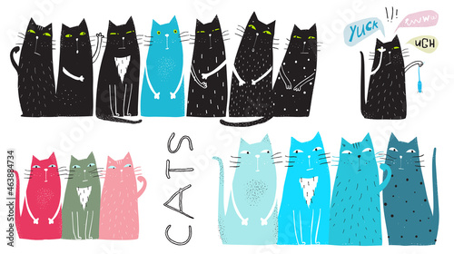 Cute and funny cats playing together, humour collection of domestic animals for t shirt design. Cats print, flat hand drawn illustrations. Vector hand drawn cartoon.
