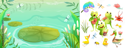 Swamp lake or pond scenery landscape with frogs, ducks and other animals playing musical instruments isolated on white. Vector cartoon illustration in watercolor style.