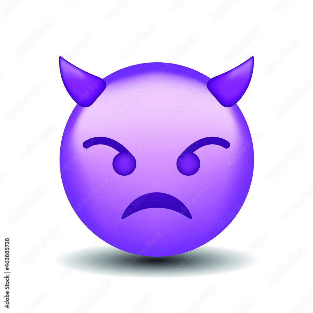 High quality emoticon with horns, devil emoji isolated on white background. Purple face devil