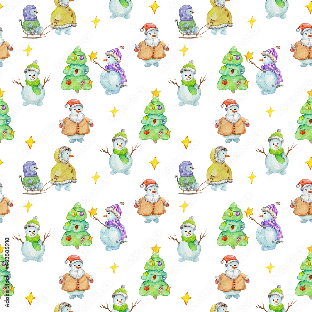 Obraz premium watercolor pattern, hand-drawn christmas snowmen decorate the christmas tree, rejoice at christmas and sled the little snowman