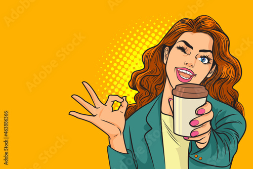 business woman have drink coffee and okay gesture