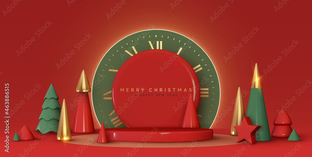 Premium Vector  Podium with neon light christmas tree illustration vector